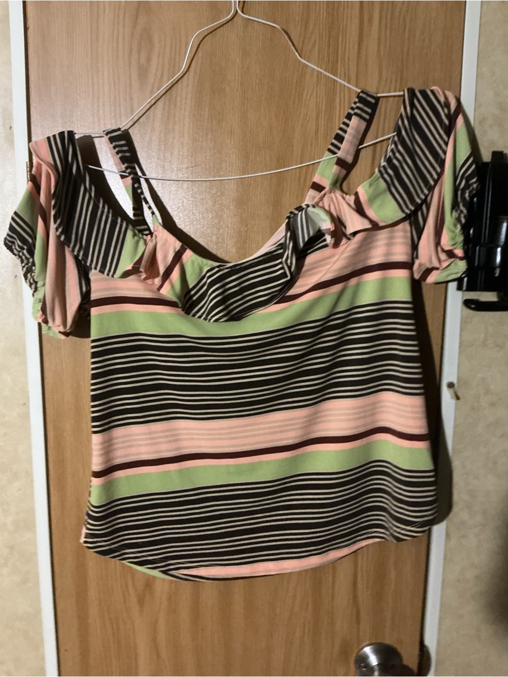 Striped Cold-Shoulder Ruffle Top in Pink and Green